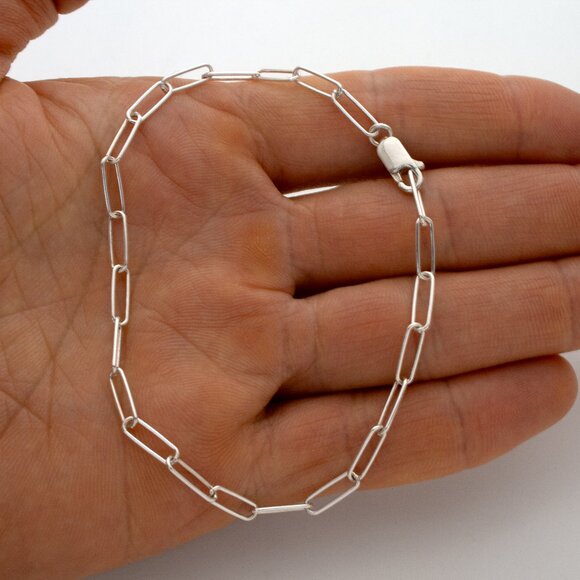Real Solid 925 Sterling Silver Paperclip Bracelet, Round Link Chain, Stamped 925 - Picture 5 of 7